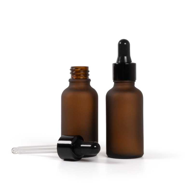 Flacone in vetro ambrato opaco, contagocce nero lucido, 30 ml