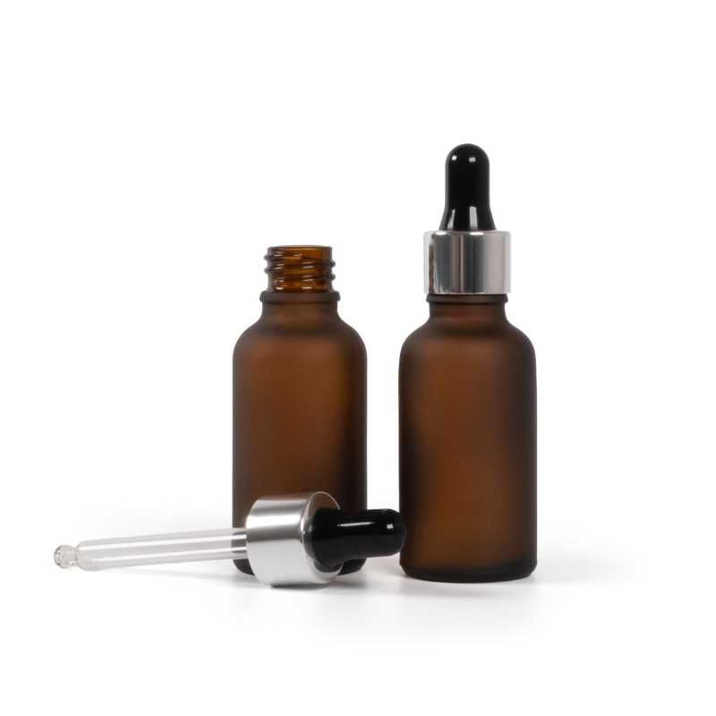 Flacone in vetro ambrato opaco, contagocce nero argento lucido, 30 ml
