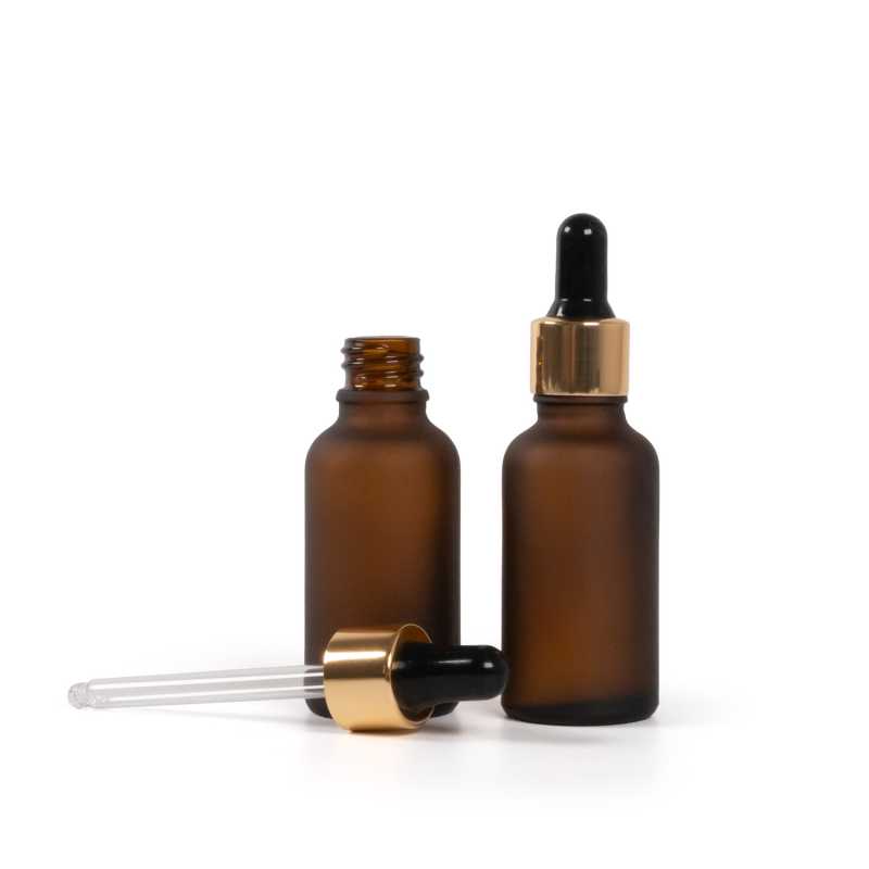 Flacone in vetro ambrato opaco, contagocce nero oro, 30 ml