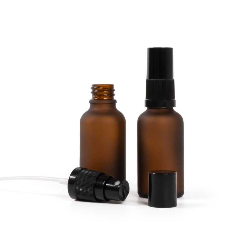Flacone in vetro, opaco, spruzzatore nero, tappo nero, 30 ml