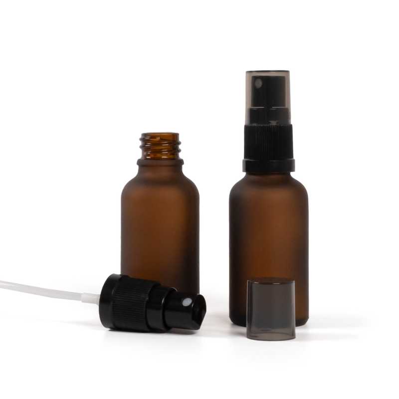 Flacone di vetro ambrato opaco, spruzzatore a nebulizzazione fine nero, sopra-tappo fumé, 30 ml