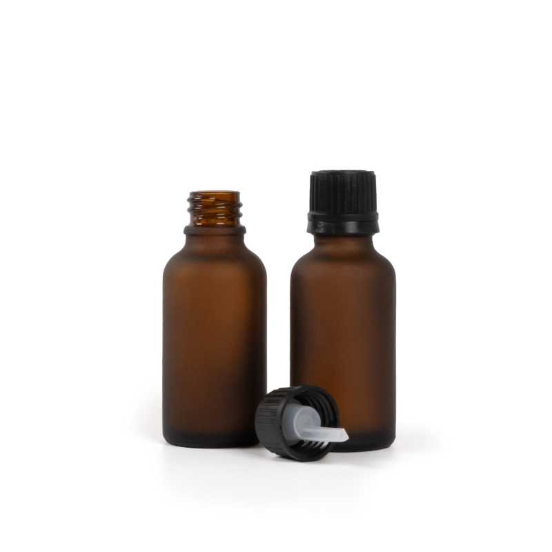 Flaconcino di vetro ambra opaco, tappo nero con contagocce, 30 ml