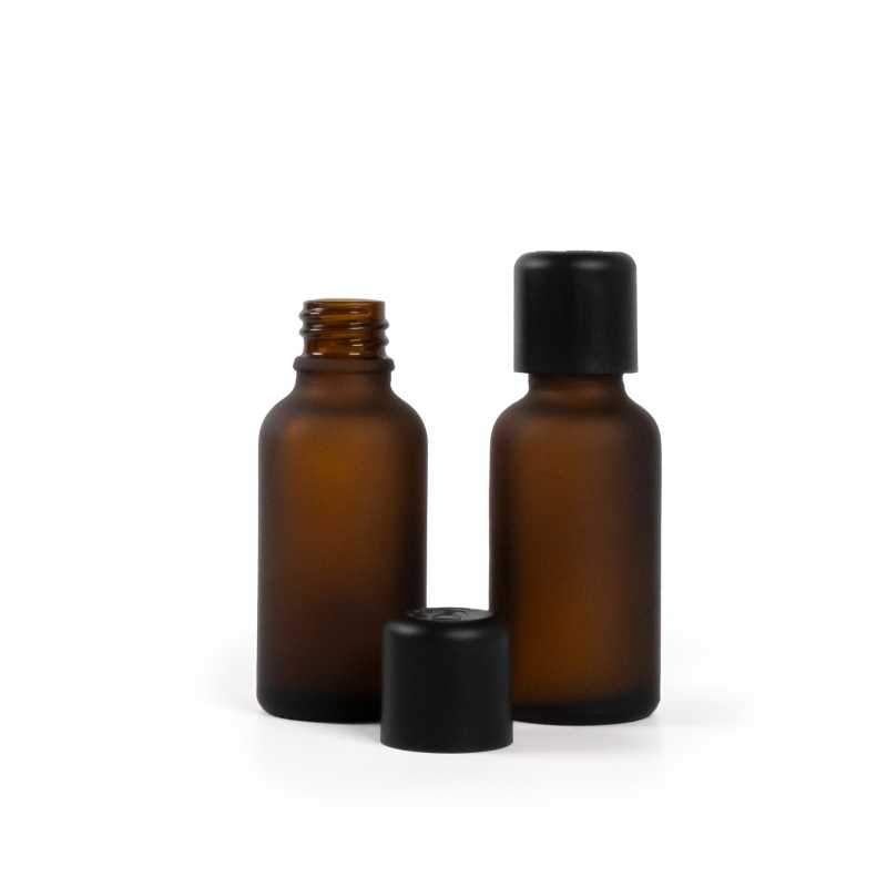 Flacone in vetro ambrato opaco, tappo di sicurezza antimanomissione nero con contagocce, 30 ml