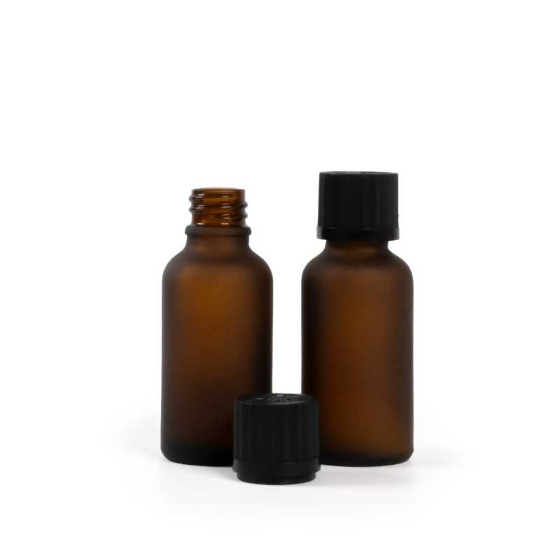 Flacone in vetro ambra opaco, tappo nero di sicurezza con contagocce, 30 ml