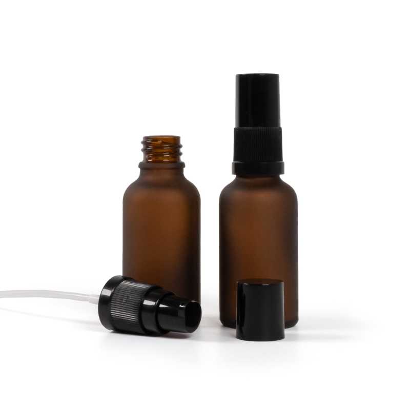Flacone in vetro ambra opaco, dosatore lozione nero con sovratappo nero, 30 ml