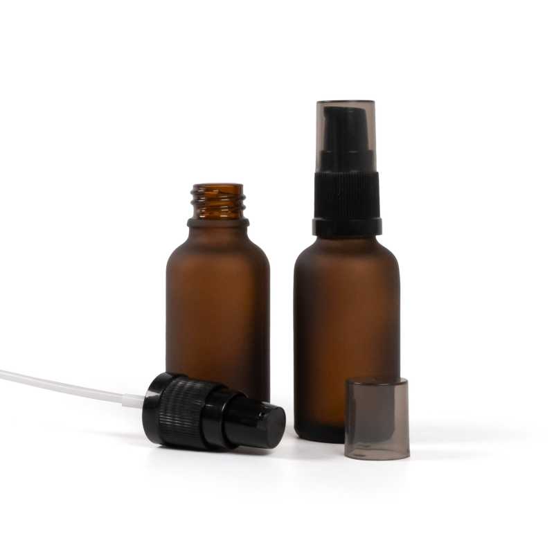 Flaconcino di vetro ambra opaco, dosatore di crema con sopra-tappo fumé, 30 ml