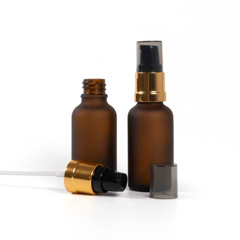 Flaconcino di vetro opaco, marrone, dosatore nero e dorato lucido con sopra-tappo fumé, 30 ml