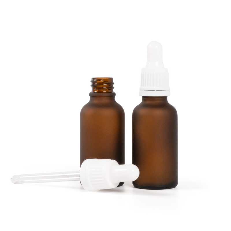Bottiglia in vetro ambra opaco, contagocce bianco, 30 ml