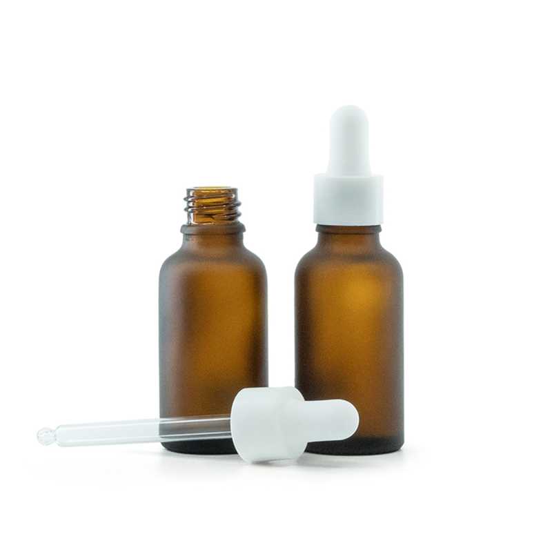 Flacone in vetro ambrato opaco, contagocce bianco liscio opaco, 30 ml
