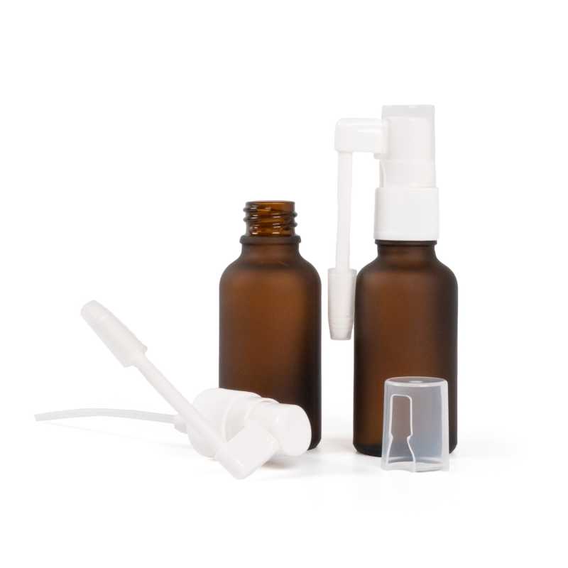 Flacone in vetro ambrato opaco, spruzzatore orale bianco, 30 ml