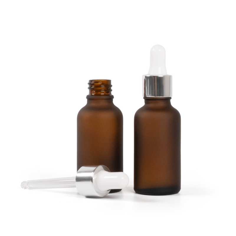 Flacone in vetro ambra opaco, contagocce bianco argento lucido, 30 ml