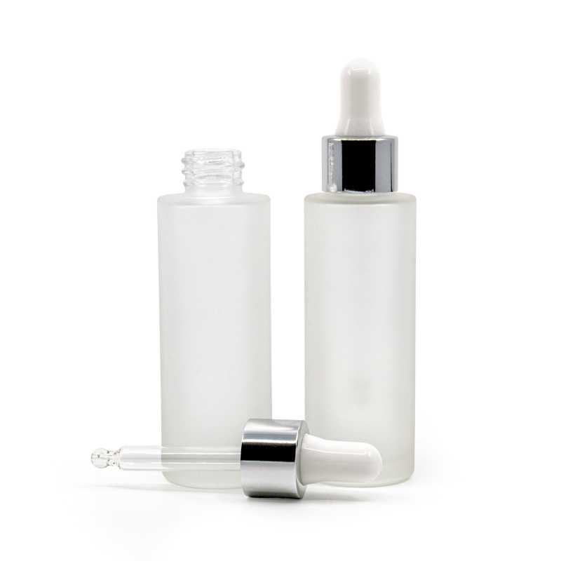 Flacone in vetro satinato, alto, contagocce bianco argento lucido, 30 ml