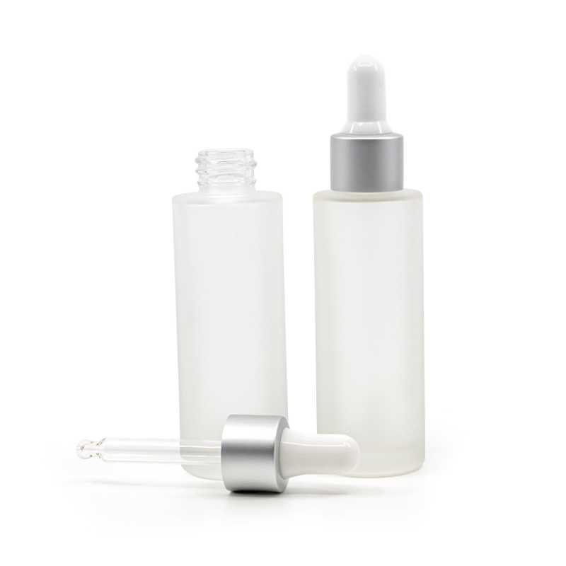 Flacone in vetro satinato, alto, contagocce bianco argento opaco, 30 ml
