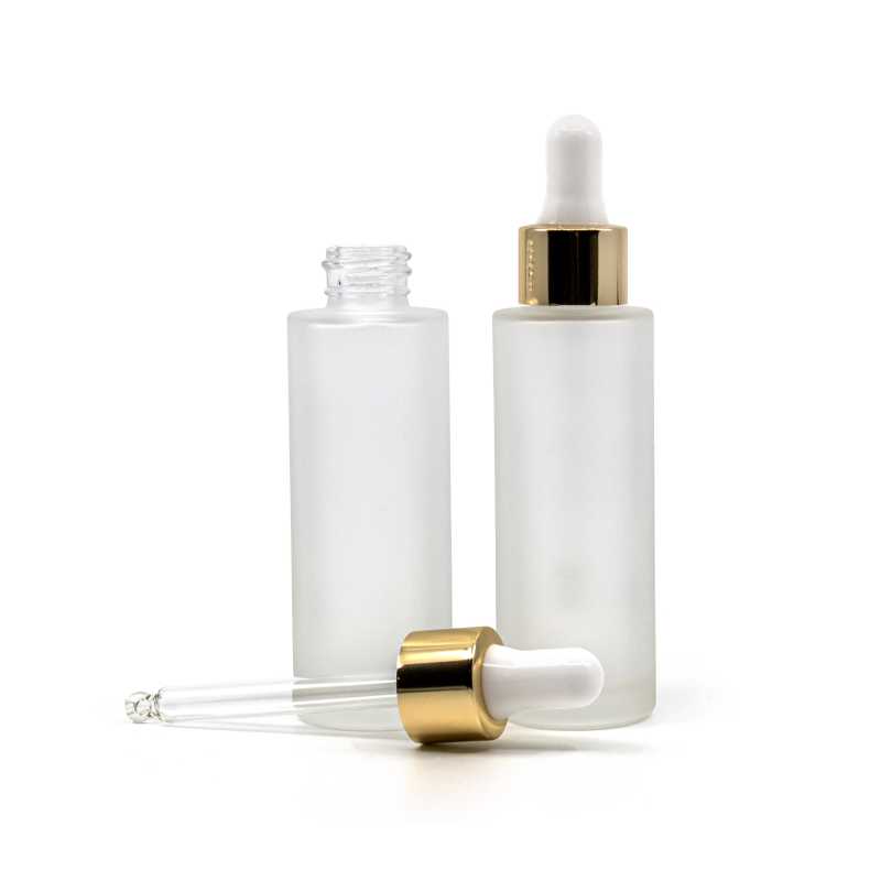 Flacone in vetro, satinato, alto, contagocce bianco dorato, 30 ml