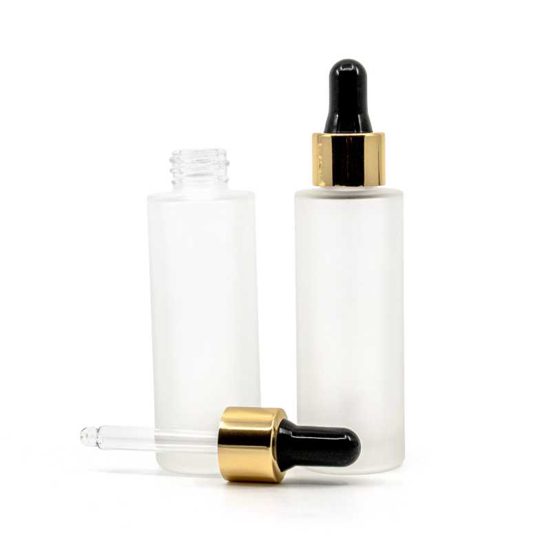 Flacone in vetro satinato, alto, contagocce nero oro, 30 ml