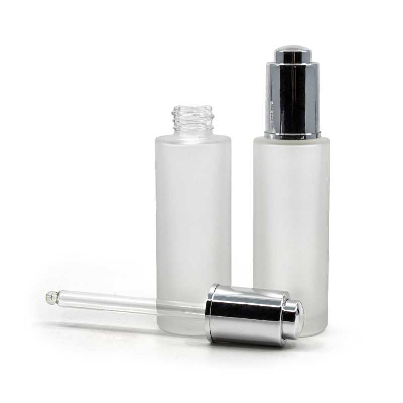 Flacone in vetro, satinato, alto, contagocce push argento, 30 ml