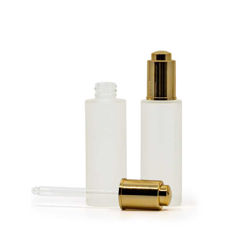 Flacone in vetro, opaco, alto, contagocce push dorato, 30 ml