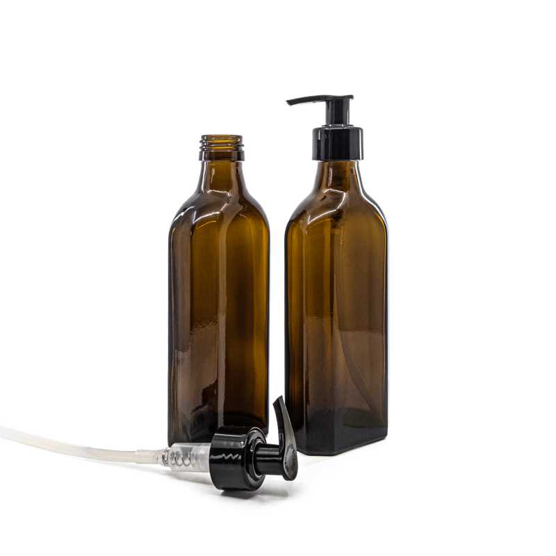 Bottiglia di vetro ambrato, medicinale, rettangolare, 28 mm, 250 ml, dosatore nero, collare liscio