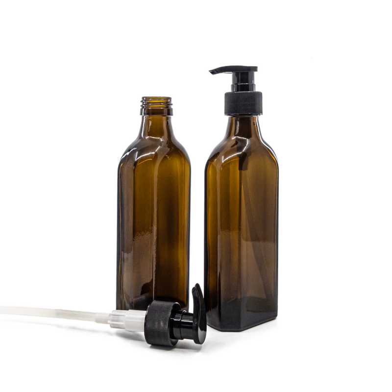 Bottiglia in vetro ambrato per medicinali, rettangolare, collo PP28, dosatore nero zigrinato, 250 ml