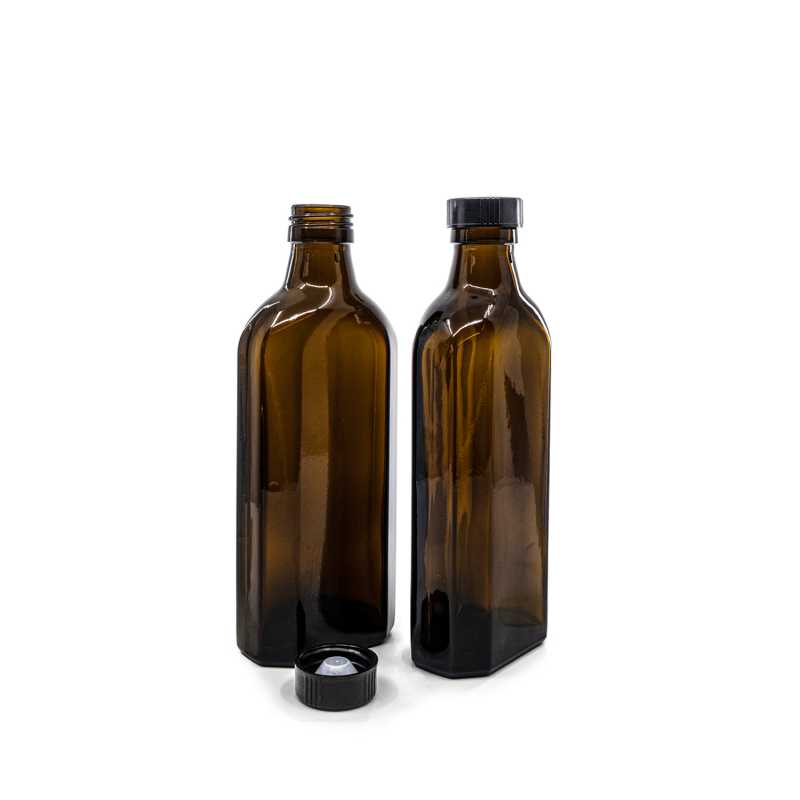 Bottiglia di vetro ambra, farmaceutica, rettangolare, collo PP28, tappo nero basso, 250 ml