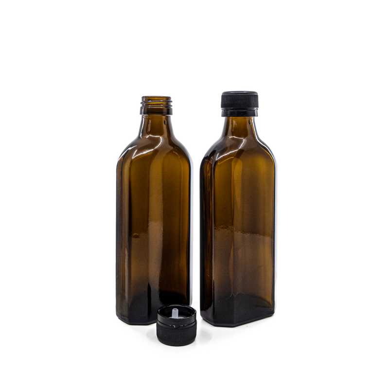 Bottiglia di vetro ambra, rettangolare, 28 mm, 250 ml, tappo in plastica nero con contagocce