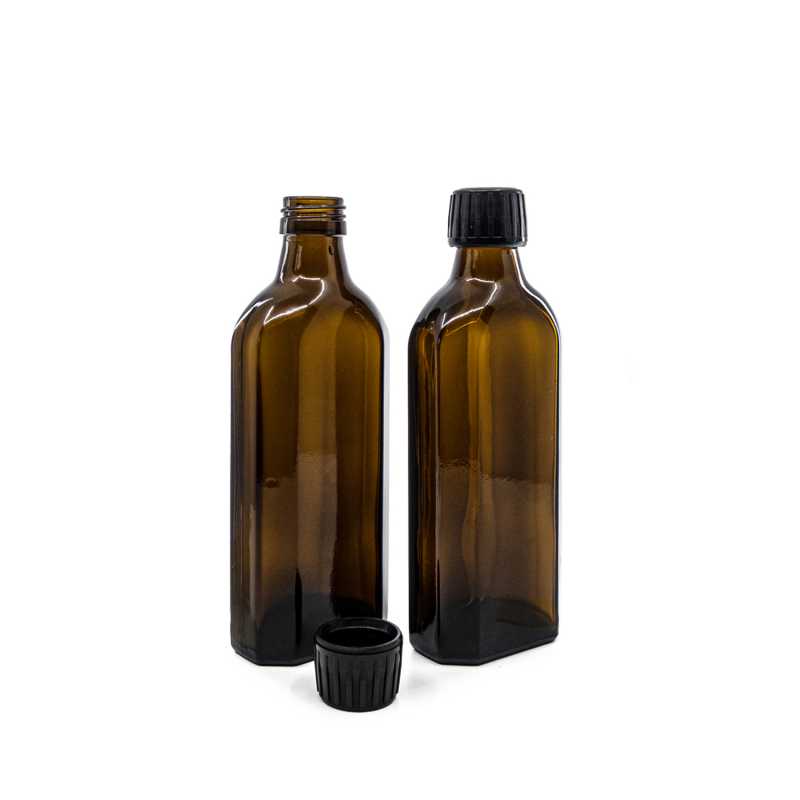Bottiglia di vetro ambra, rettangolare, PP28, tappo nero, 250 ml