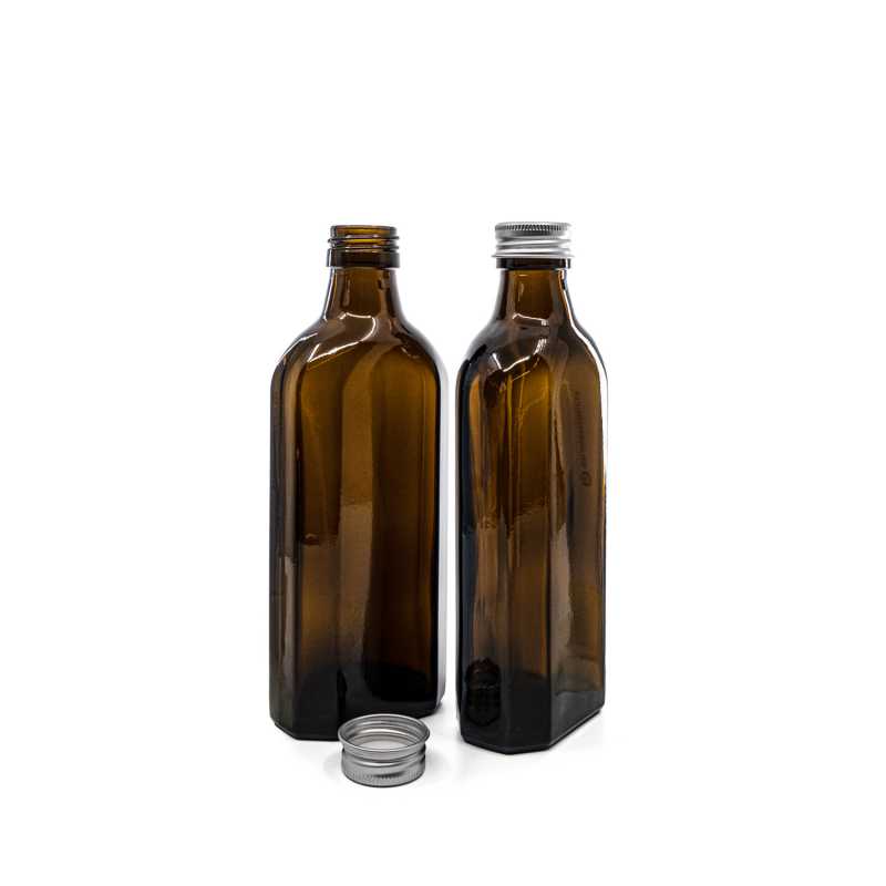 Bottiglia di vetro ambra, medicale, rettangolare, 28 mm, 250 ml, tappo in alluminio argentato