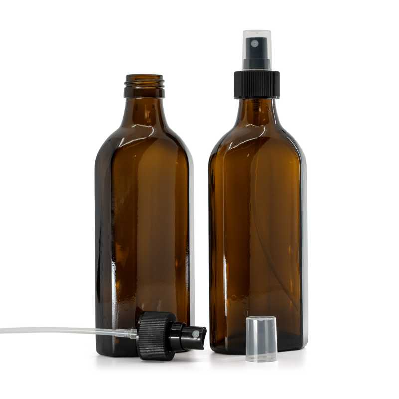 Bottiglia di vetro ambra, medicale, piatta, PP28, spruzzatore a nebulizzazione fine in plastica, nero, anello zigrinato, 28/410, 250 ml