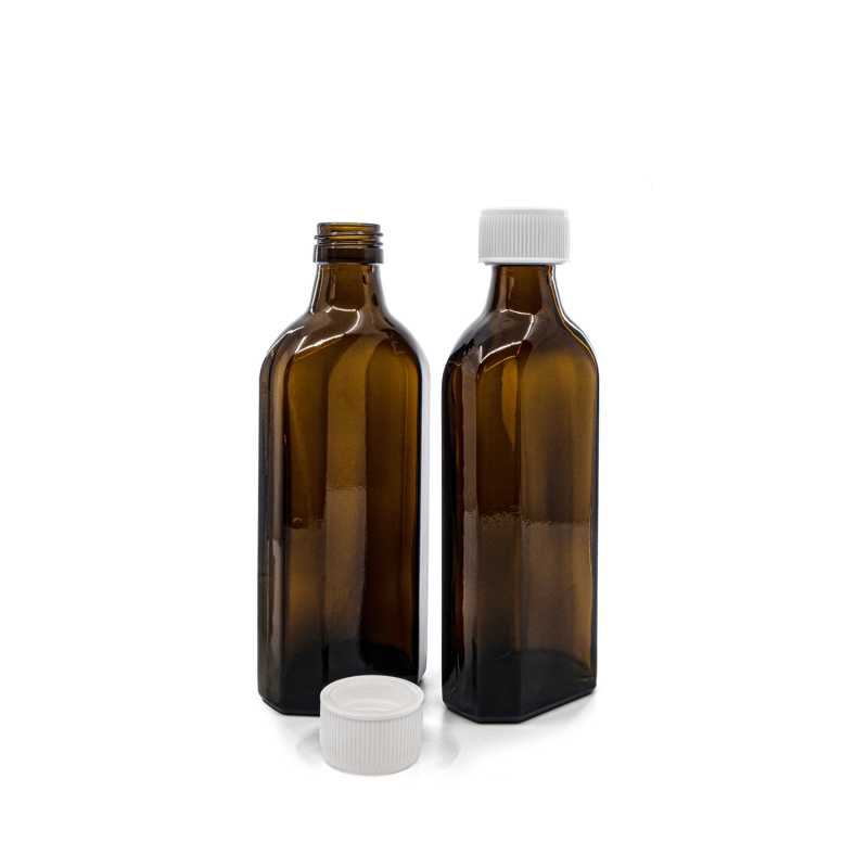 Bottiglia di vetro ambra per uso medico, rettangolare, PP28S, tappo di sicurezza per bambini bianco, 250 ml