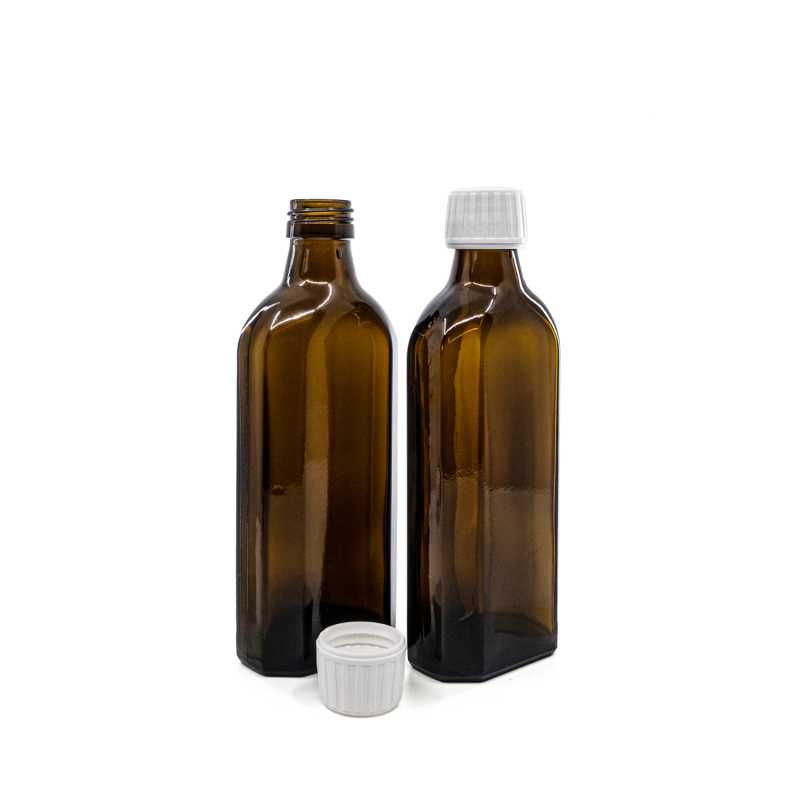 Bottiglia di vetro ambra per medicinali, rettangolare, PP28S, tappo bianco, 250 ml