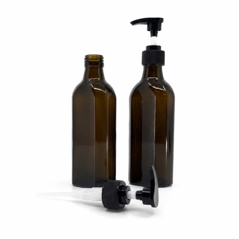 Bottiglia medica in vetro ambra, rettangolare, PP28S, pompa nera, collare zigrinato, 250 ml