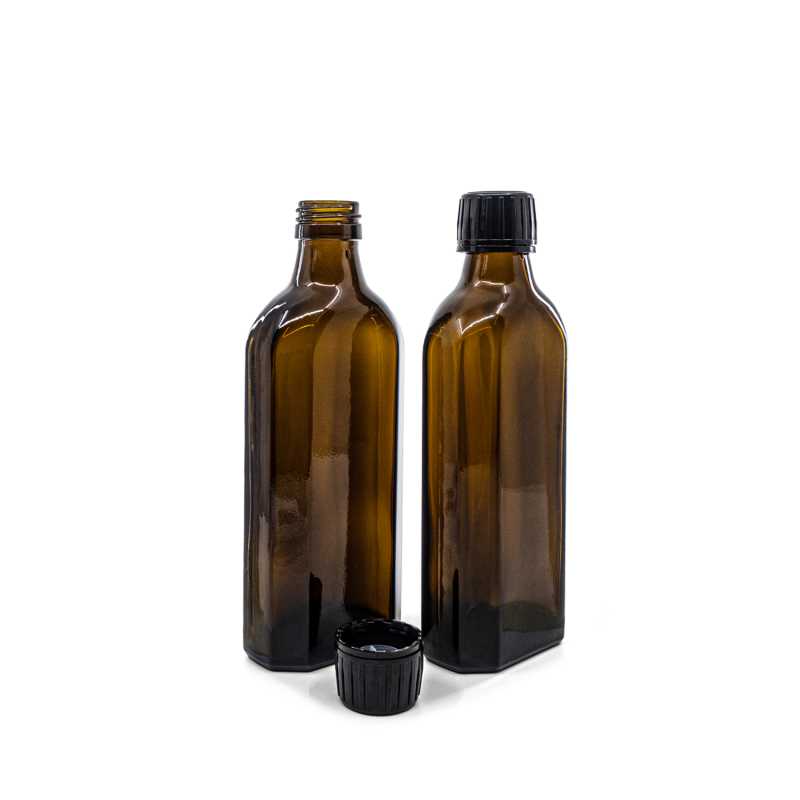 Bottiglia di vetro ambra per uso medico, rettangolare, PP28S, tappo nero con inserto versatore, 250 ml