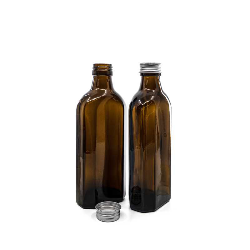 Bottiglia in vetro ambra per uso farmaceutico, rettangolare, PP28S, tappo in alluminio argentato, 250 ml