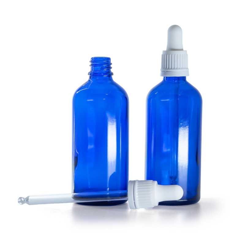 Flacone in vetro, contagocce bianco, blu, 100 ml