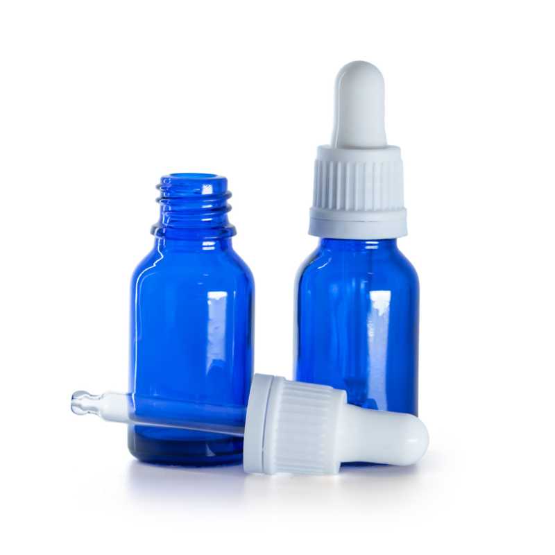 Flacone in vetro, blu, contagocce bianco, 15 ml