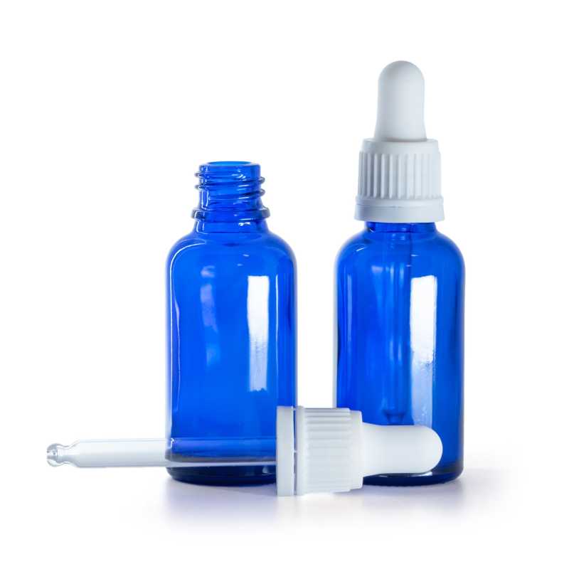 Flacone in vetro, blu, contagocce bianco, 30 ml