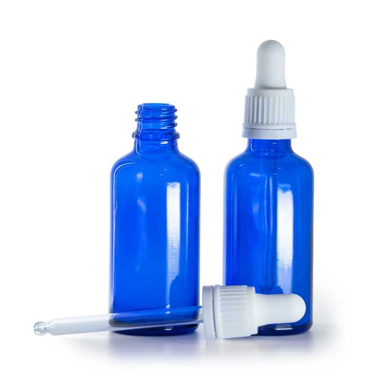 Flacone in vetro, blu, contagocce bianco, 50 ml