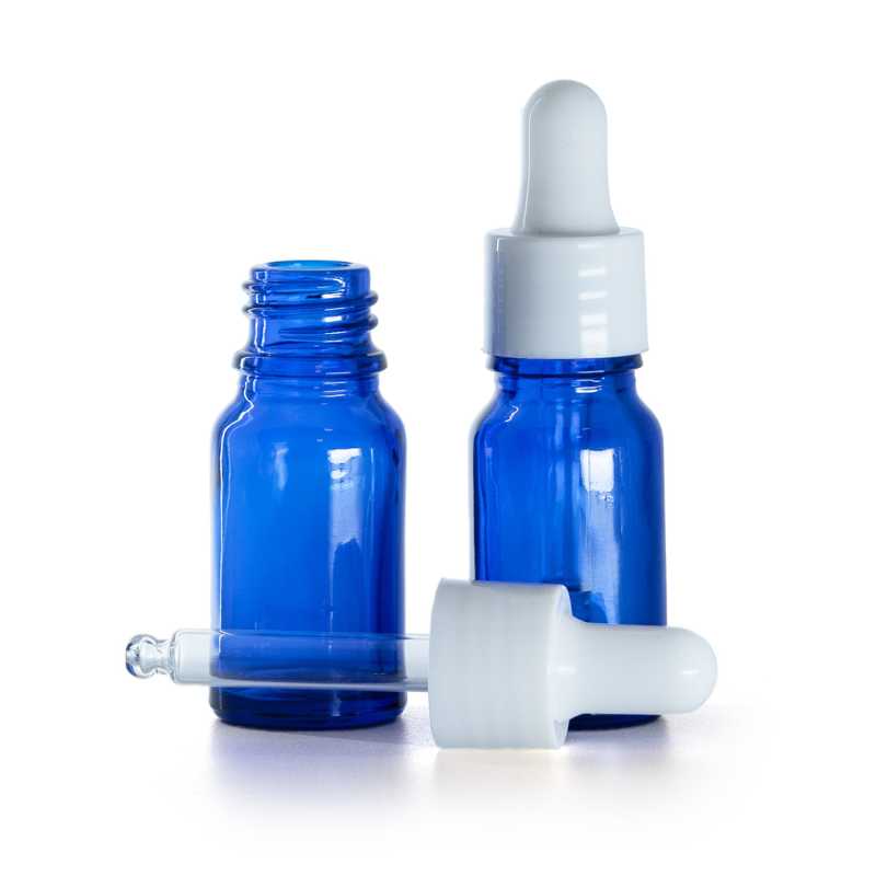 Boccetta in vetro, blu, contagocce bianco lucido, 10 ml