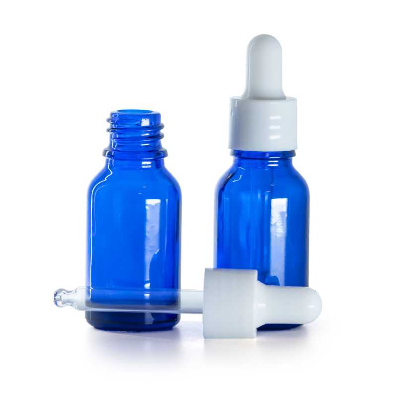 Flacone in vetro, blu, contagocce bianco lucido, 15 ml