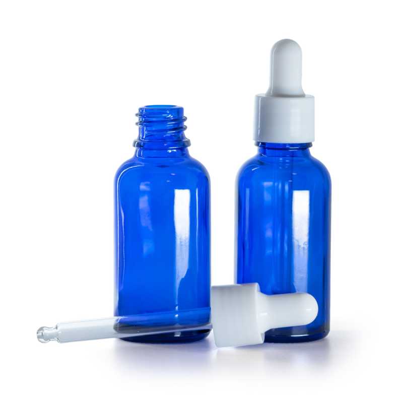 Flacone in vetro, blu, contagocce bianco lucido, 30 ml