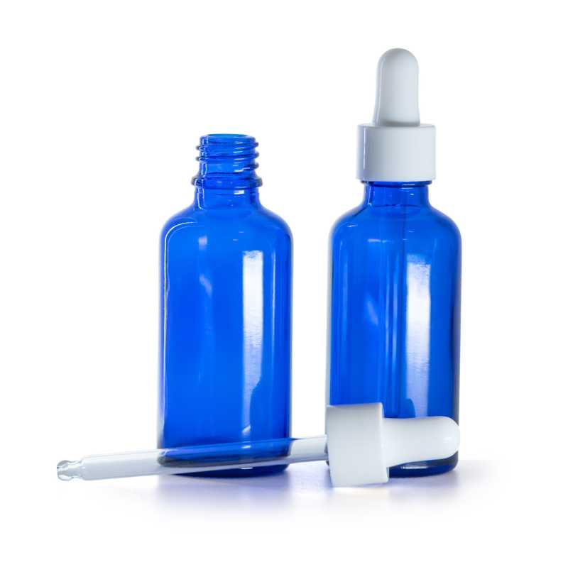 Bottiglia in vetro blu, contagocce bianco lucido, 50 ml