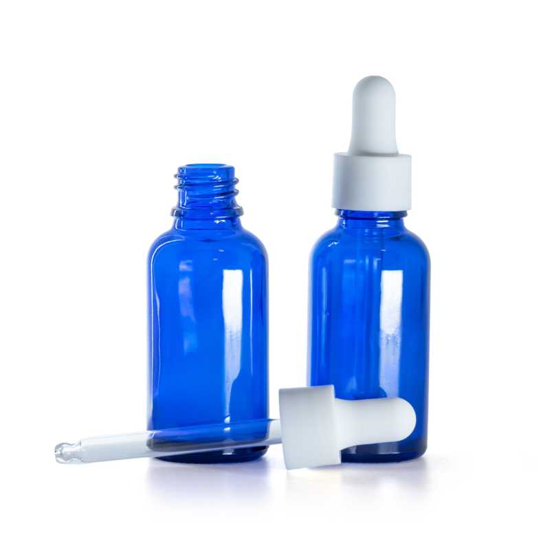 Bottiglia in vetro, blu, contagocce bianco opaco liscio, 30 ml