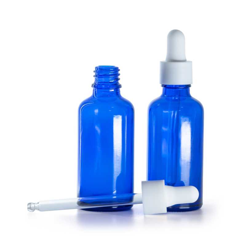 Flacone in vetro, blu, contagocce bianco liscio opaco, 50 ml