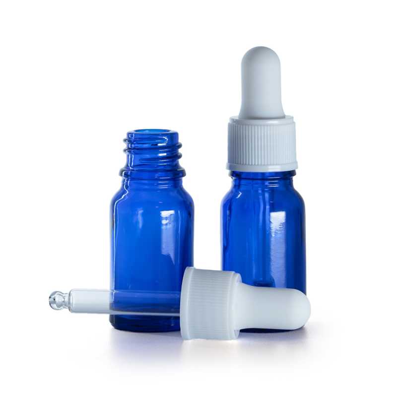Flacone in vetro, blu, contagocce bianco opaco, 10 ml