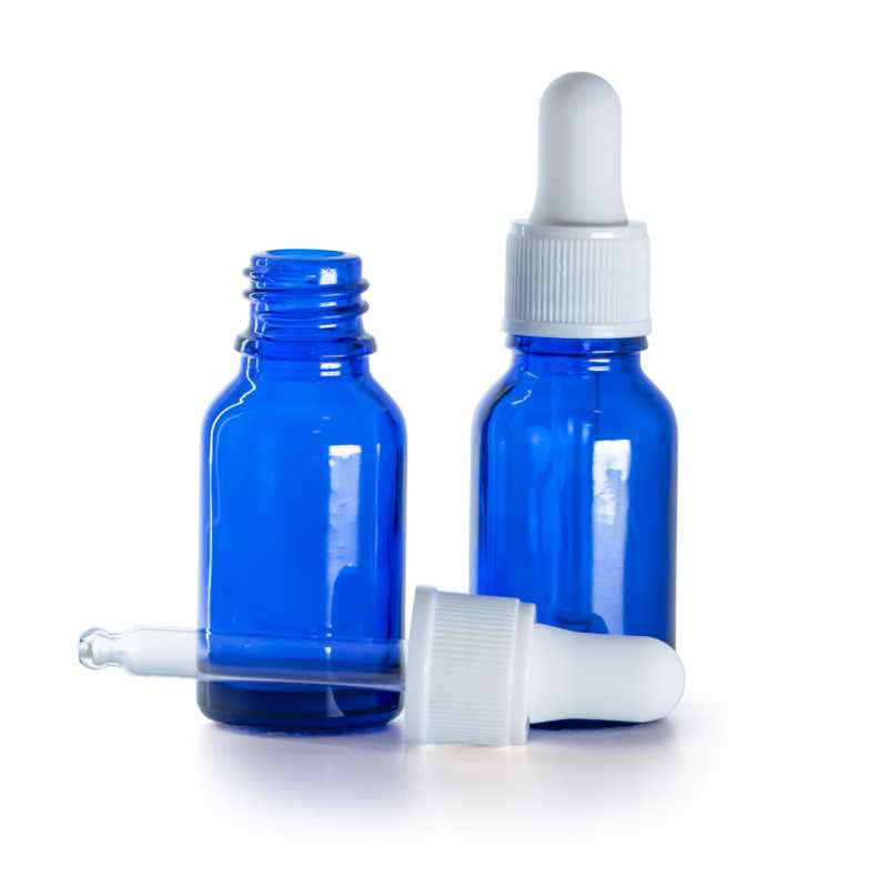 Flacone in vetro blu, contagocce bianco opaco, 15 ml