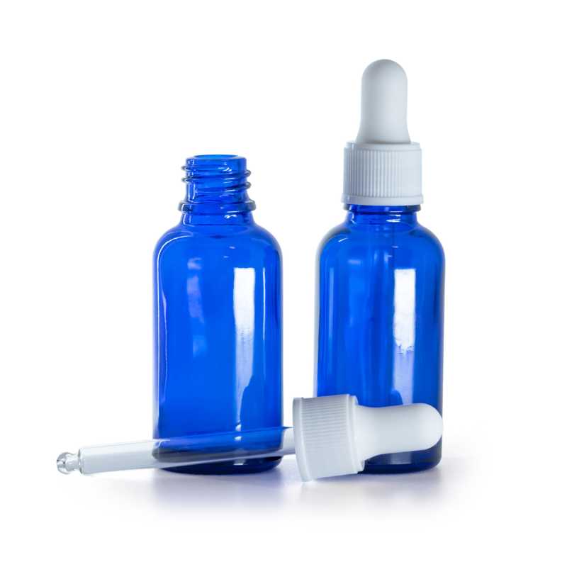 Flacone in vetro, blu, contagocce bianco opaco, 30 ml