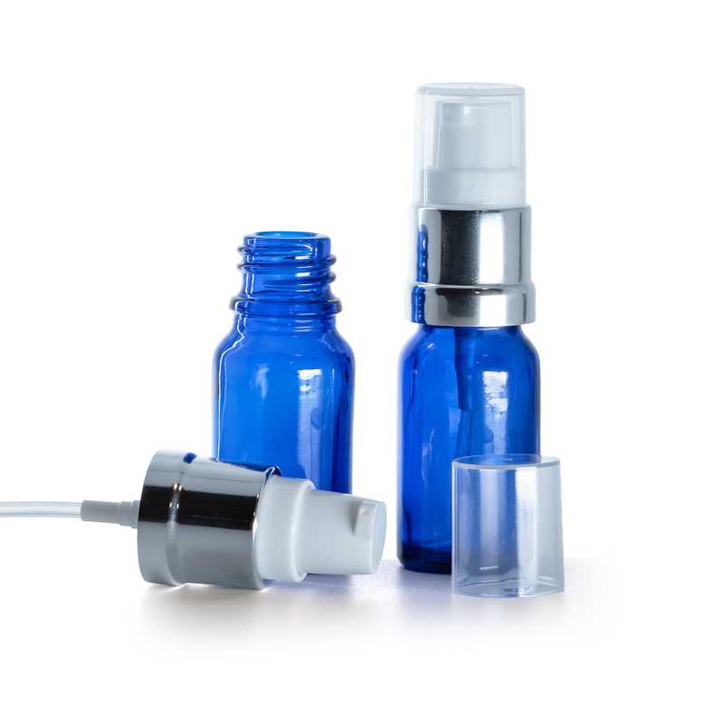 Flacone in vetro, blu, dispenser bianco argento lucido, 10 ml
