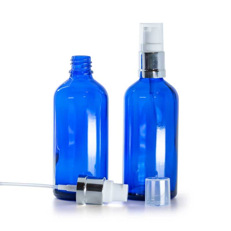 Bottiglia in vetro, blu, dosatore bianco argento lucido, 100 ml