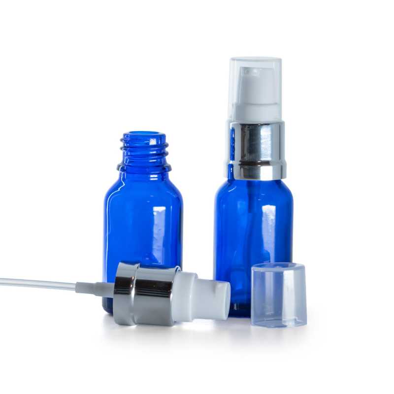 Flacone in vetro, blu, dosatore bianco argento lucido, 15 ml