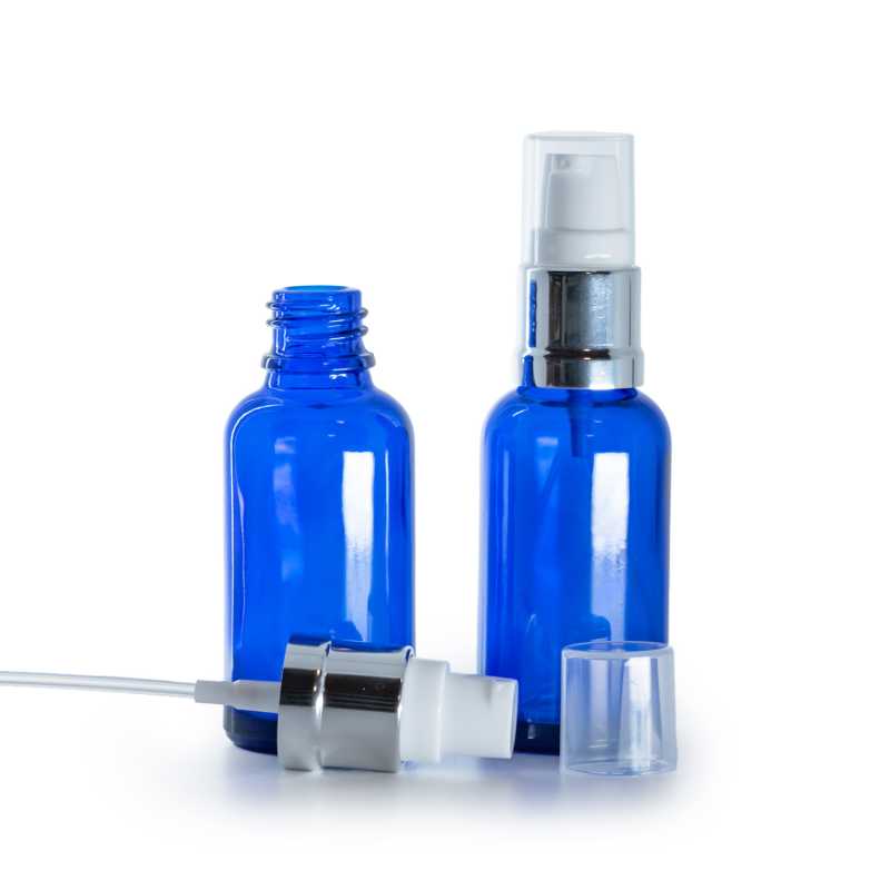 Flacone in vetro, blu, dosatore bianco argento lucido, 30 ml